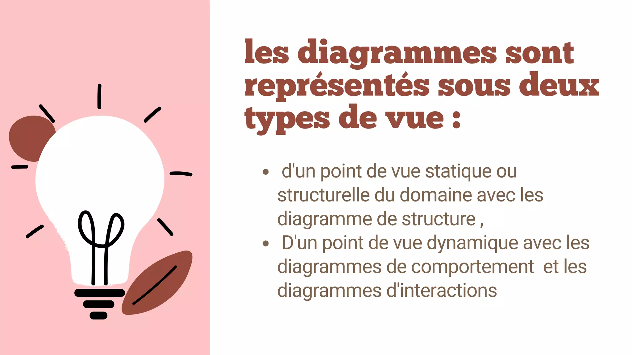 les diagrammes sont
représentés sous deux
types de vue :
d'un point de vue statique ou
structurelle du domaine avec les
diagramme de structure ,
D'un point de vue dynamique avec les
diagrammes de comportement et les
diagrammes d'interactions
 