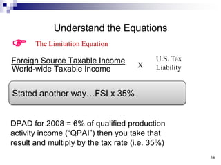 14<br />Understand the Equations<br /><br />The Limitation Equation<br />U.S. Tax Liability<br />Foreign Source Taxable I...