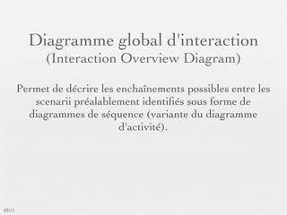 Diagramme global d'interaction
              (Interaction Overview Diagram)

        Permet de décrire les enchaînements possibles entre les
           scenarii préalablement identiﬁés sous forme de
          diagrammes de séquence (variante du diagramme
                              d'activité).




03/11
 