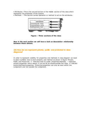 • Attributes:-This is the second section or the middle section of the class which
represents the properties of the system.
• Methods: - This section carries operation or method to act on the attributes.
Figure: - Three sections of the class
Now in the next section we will have a look on Association relationship
between these classes.
(B) How do we represent private, public and protected in class
diagrams?
In order to represent visibility for properties and methods in class diagram we need
to place symbols next to each property and method as shown in figure ‘Private,
Public and Protected’. ‘+’ indicates that it’s public properties/methods. ‘-‘indicates
private properties which means it can not be accessed outside the class. ‘#’ indicate
protected/friend properties. Protected properties can only be seen within the
component and not outside the component.
 