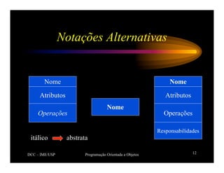 DCC – IME/USP Programação Orientada a Objetos 12
Notações Alternativas
Nome
Atributos
Operações
Responsabilidades
Nome
Atributos
Operações
Nome
itálico abstrata
 