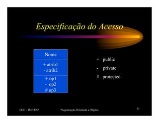 DCC – IME/USP Programação Orientada a Objetos 13
Especificação do Acesso
Nome
+ atrib1
- atrib2
+ op1
- op2
# op3
+ public
- private
# protected
 
