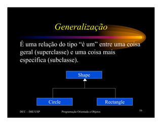 DCC – IME/USP Programação Orientada a Objetos 16
Generalização
É uma relação do tipo “é um” entre uma coisa
geral (superclasse) e uma coisa mais
específica (subclasse).
Shape
Rectangle
Circle
 