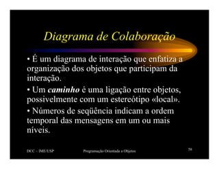 DCC – IME/USP Programação Orientada a Objetos 58
Diagrama de Colaboração
• É um diagrama de interação que enfatiza a
organização dos objetos que participam da
interação.
• Um caminho é uma ligação entre objetos,
possivelmente com um estereótipo «local».
• Números de seqüência indicam a ordem
temporal das mensagens em um ou mais
níveis.
 