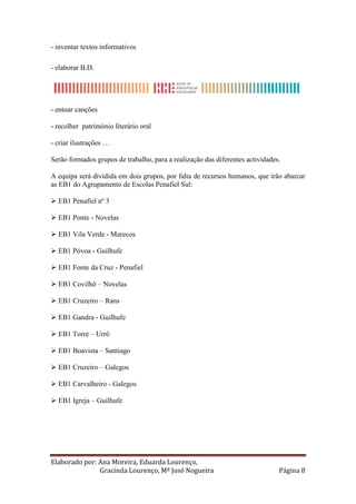 - inventar textos informativos

- elaborar B.D.




- entoar canções

- recolher património literário oral

- criar ilustrações …

Serão formados grupos de trabalho, para a realização das diferentes actividades.

A equipa será dividida em dois grupos, por falta de recursos humanos, que irão abarcar
as EB1 do Agrupamento de Escolas Penafiel Sul:

 EB1 Penafiel nº 3

 EB1 Ponte - Novelas

 EB1 Vila Verde - Marecos

 EB1 Póvoa - Guilhufe

 EB1 Fonte da Cruz - Penafiel

 EB1 Covilhô – Novelas

 EB1 Cruzeiro – Rans

 EB1 Gandra - Guilhufe

 EB1 Torre – Urrô

 EB1 Boavista – Santiago

 EB1 Cruzeiro – Galegos

 EB1 Carvalheiro - Galegos

 EB1 Igreja – Guilhufe




Elaborado por: Ana Moreira, Eduarda Lourenço,
               Gracinda Lourenço, Mª José Nogueira                             Página 8
 