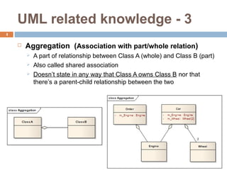 UML related knowledge - 3
4

    ?   Aggregation (Association with part/whole relation)
        ?   A part of relationship between Class A (whole) and Class B (part)
        ?   Also called shared association
        ?   Doesnt state in any way that Class A owns Class B nor that
            theres a parent-child relationship between the two
 