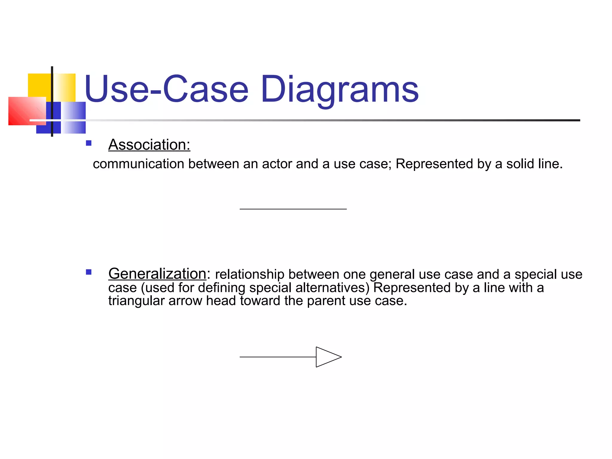 Use-Case Diagrams
 Association:
communication between an actor and a use case; Represented by a solid line.
 Generalization: relationship between one general use case and a special use
case (used for defining special alternatives) Represented by a line with a
triangular arrow head toward the parent use case.
 