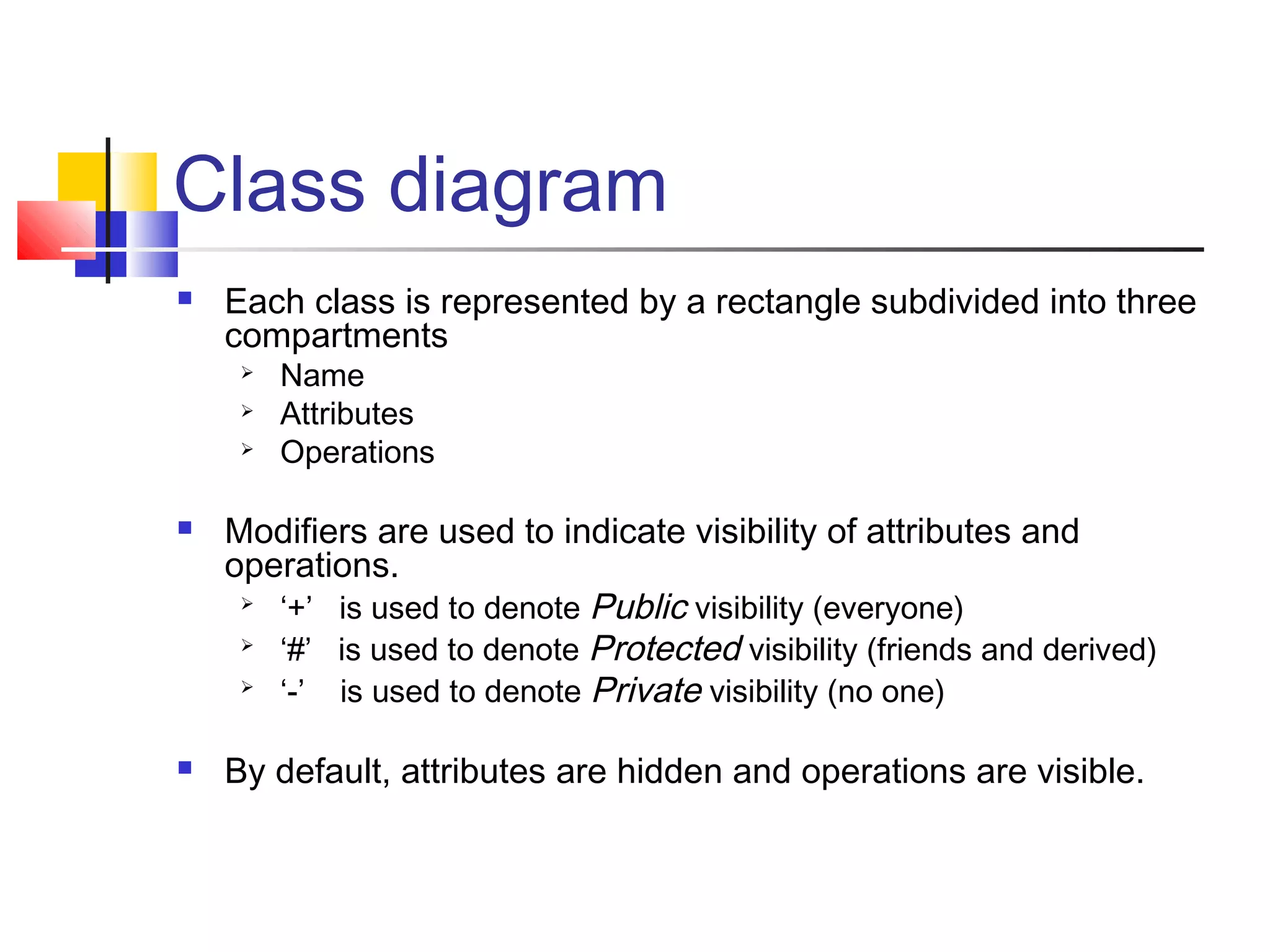 Class diagram
 Each class is represented by a rectangle subdivided into three
compartments
 Name
 Attributes
 Operations
 Modifiers are used to indicate visibility of attributes and
operations.

‘+’ is used to denote Public visibility (everyone)

‘#’ is used to denote Protected visibility (friends and derived)

‘-’ is used to denote Private visibility (no one)
 By default, attributes are hidden and operations are visible.
 