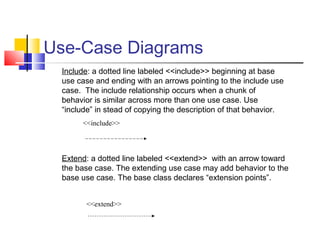 Use-Case Diagrams
Extend: a dotted line labeled <<extend>> with an arrow toward
the base case. The extending use case may add behavior to the
base use case. The base class declares “extension points”.
<<extend>>
Include: a dotted line labeled <<include>> beginning at base
use case and ending with an arrows pointing to the include use
case. The include relationship occurs when a chunk of
behavior is similar across more than one use case. Use
“include” in stead of copying the description of that behavior.
<<include>>
 