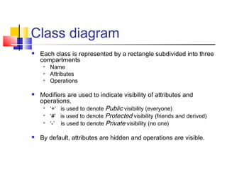 Class diagram
 Each class is represented by a rectangle subdivided into three
compartments
 Name
 Attributes
 Operations
 Modifiers are used to indicate visibility of attributes and
operations.

‘+’ is used to denote Public visibility (everyone)

‘#’ is used to denote Protected visibility (friends and derived)

‘-’ is used to denote Private visibility (no one)
 By default, attributes are hidden and operations are visible.
 