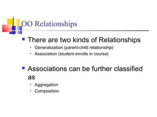 OO Relationships
 There are two kinds of Relationships
 Generalization (parent-child relationship)
 Association (student enrolls in course)
 Associations can be further classified
as
 Aggregation
 Composition
 