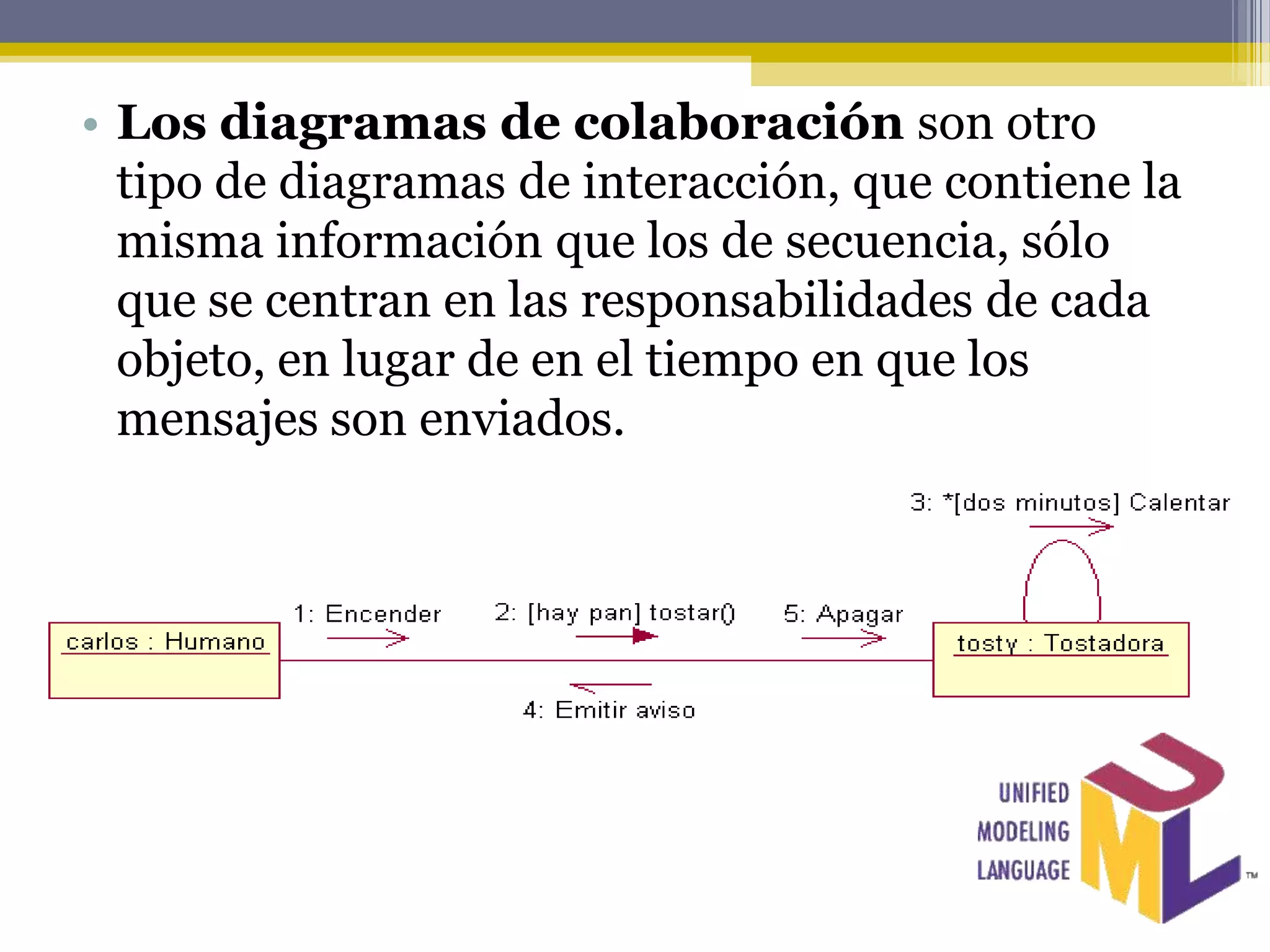 • Los diagramas de colaboración son otro
  tipo de diagramas de interacción, que contiene la
  misma información que los de secuencia, sólo
  que se centran en las responsabilidades de cada
  objeto, en lugar de en el tiempo en que los
  mensajes son enviados.
 