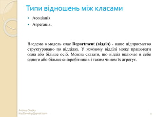 Типи відношень між класами
 Асоціація
 Агрегація.
Введемо в модель клас Department (відділ) - наше підприємство
структуровано по відділах. У кожному відділі може працювати
одна або більше осіб. Можна сказати, що відділ включає в себе
одного або більше співробітників і таким чином їх агрегує.
9
Andrey Gladky
KspDevelop@gmail.com
 