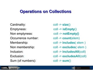 megaplanet
16
Operations on CollectionsOperations on Collections
Cardinality: coll -> size()
Emptyness: coll -> isEmpty()
Non emptyness: coll -> notEmpty()
Occurrence number: coll -> count(elem)
Membership: coll -> includes( elem )
Non membership: coll -> excludes( elem )
Inclusion: coll -> includesAll(coll)
Exclusion: coll -> excludesAll(coll)
Sum (of numbers): coll -> sum()
 