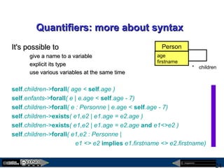 megaplanet
24
Quantifiers: more about syntaxQuantifiers: more about syntax
It's possible toIt's possible to
give a name to a variablegive a name to a variable
explicit its typeexplicit its type
use various variables at the same timeuse various variables at the same time
self.children->forall( age < self.age )
self.enfants->forall( e | e.age < self.age - 7)
self.children->forall( e : Personne | e.age < self.age - 7)
self.children->exists( e1,e2 | e1.age = e2.age )
self.children->exists( e1,e2 | e1.age = e2.age and e1<>e2 )
self.children->forall( e1,e2 : Personne |
e1 <> e2 implies e1.firstname <> e2.firstname)
children*
Person
age
firstname
 