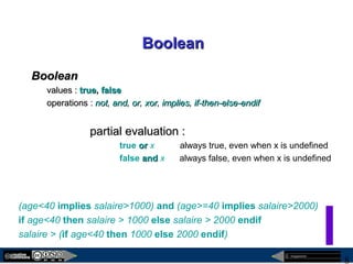 megaplanet
8
BooleanBoolean
BooleanBoolean
values :values : truetrue,, falsefalse
operations :operations : notnot,, andand,, oror,, xorxor,, impliesimplies,, if-then-else-endifif-then-else-endif
partial evaluation :partial evaluation :
true oror x always true, even when x is undefined
false andand x always false, even when x is undefined
(age<40 implies salaire>1000) and (age>=40 implies salaire>2000)
if age<40 then salaire > 1000 else salaire > 2000 endif
salaire > (if age<40 then 1000 else 2000 endif)
 