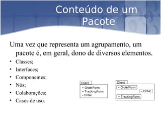 Conteúdo de um
Pacote
Uma vez que representa um agrupamento, um
pacote é, em geral, dono de diversos elementos.
• Classes;
• Interfaces;
• Componentes;
• Nós;
• Colaborações;
• Casos de uso.