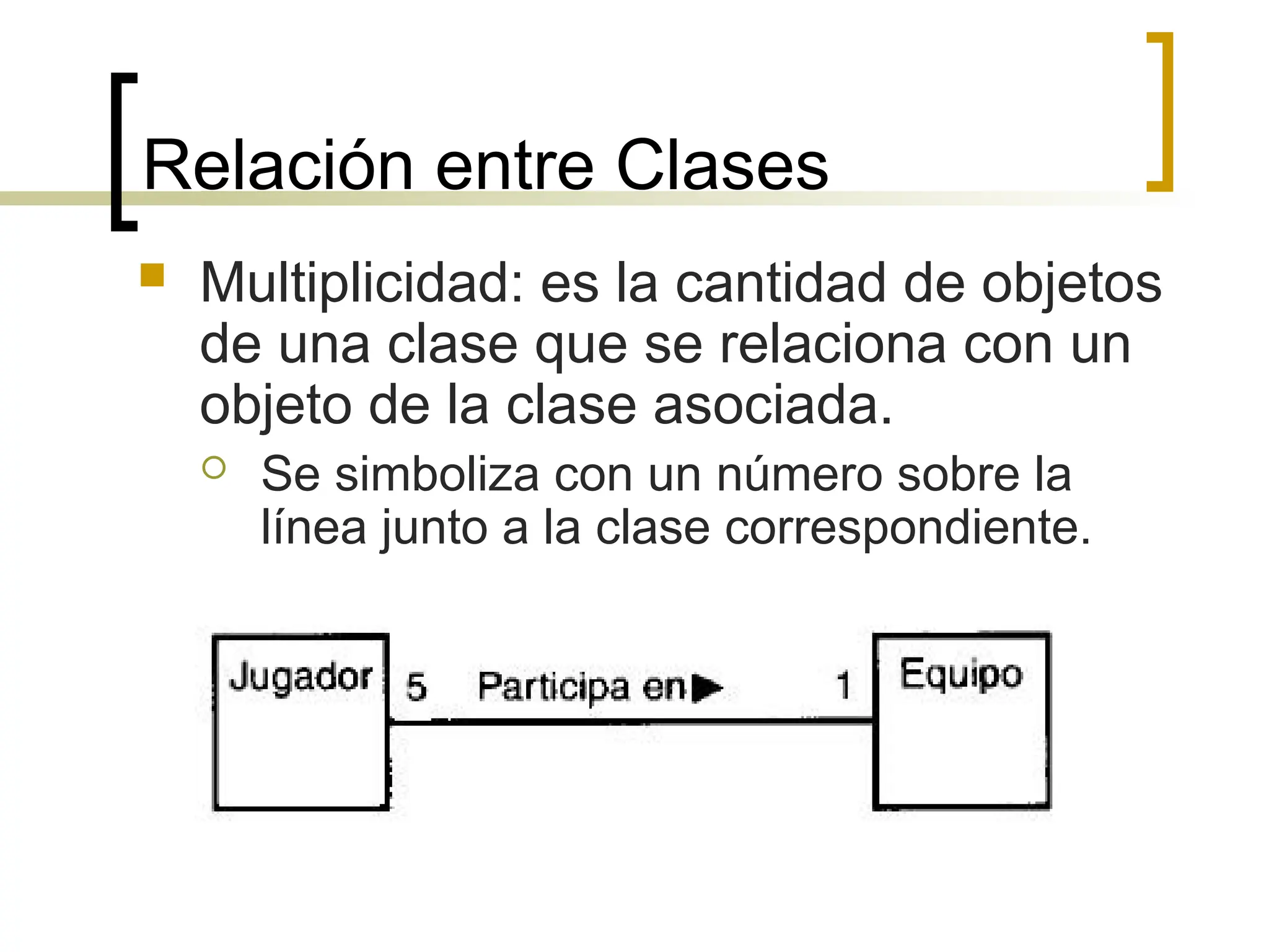 Relación entre Clases
 Multiplicidad: es la cantidad de objetos
de una clase que se relaciona con un
objeto de la clase asociada.
 Se simboliza con un número sobre la
línea junto a la clase correspondiente.
 