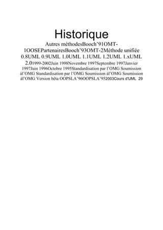 Historique
Autres méthodesBooch’91OMT-
1OOSEPartenairesBooch’93OMT-2Méthode unifiée
0.8UML 0.9UML 1.0UML 1.1UML 1.2UML 1.xUML
2.01999-2002Juin 1998Novembre 1997Septembre 1997Janvier
1997Juin 1996Octobre 1995Standardisation par l’OMG Soumission
àl’OMG Standardisation par l’OMG Soumission àl’OMG Soumission
àl’OMG Version bêta OOPSLA’96OOPSLA’952003Cours d'UML 29
 