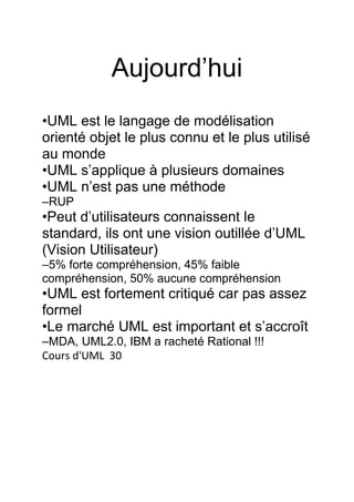 Aujourd’hui
•UML est le langage de modélisation
orienté objet le plus connu et le plus utilisé
au monde
•UML s’applique à plusieurs domaines
•UML n’est pas une méthode
–RUP
•Peut d’utilisateurs connaissent le
standard, ils ont une vision outillée d’UML
(Vision Utilisateur)
–5% forte compréhension, 45% faible
compréhension, 50% aucune compréhension
•UML est fortement critiqué car pas assez
formel
•Le marché UML est important et s’accroît
–MDA, UML2.0, IBM a racheté Rational !!!
Cours d'UML 30
 
