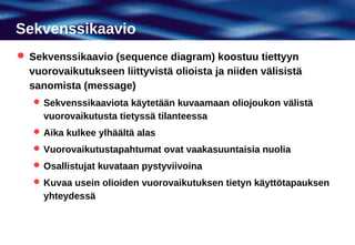 Sekvenssikaavio
 Sekvenssikaavio (sequence diagram) koostuu tiettyyn
  vuorovaikutukseen liittyvistä olioista ja niiden välisistä
  sanomista (message)
    Sekvenssikaaviota käytetään kuvaamaan oliojoukon välistä
     vuorovaikutusta tietyssä tilanteessa
    Aika kulkee ylhäältä alas
    Vuorovaikutustapahtumat ovat vaakasuuntaisia nuolia
    Osallistujat kuvataan pystyviivoina
    Kuvaa usein olioiden vuorovaikutuksen tietyn käyttötapauksen
     yhteydessä
 