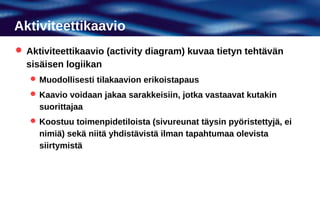 Aktiviteettikaavio
 Aktiviteettikaavio (activity diagram) kuvaa tietyn tehtävän
  sisäisen logiikan
    Muodollisesti tilakaavion erikoistapaus
    Kaavio voidaan jakaa sarakkeisiin, jotka vastaavat kutakin
     suorittajaa
    Koostuu toimenpidetiloista (sivureunat täysin pyöristettyjä, ei
     nimiä) sekä niitä yhdistävistä ilman tapahtumaa olevista
     siirtymistä
 