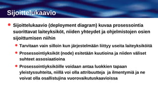 Sijoittelukaavio
 Sijoittelukaavio (deployment diagram) kuvaa prosessointia
  suorittavat laiteyksiköt, niiden yhteydet ja ohjelmistojen osien
  sijoittumisen niihin
    Tarvitaan vain silloin kun järjestelmään liittyy useita laiteyksiköitä
    Prosessointiyksiköt (node) esitetään kuutioina ja niiden väliset
     suhteet assosiaatioina
    Prosessointiyksiköille voidaan antaa luokkien tapaan
     yleistyssuhteita, niillä voi olla attribuutteja ja ilmentymiä ja ne
     voivat olla osallistujina vuorovaikutuskaavioissa
 