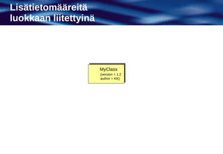 Lisätietomääreitä
luokkaan liitettyinä




                       MyClass
                       {version = 1.2
                       author = KK}
 