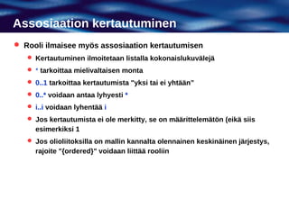 Assosiaation kertautuminen
 Rooli ilmaisee myös assosiaation kertautumisen
    Kertautuminen ilmoitetaan listalla kokonaislukuvälejä
    * tarkoittaa mielivaltaisen monta
    0..1 tarkoittaa kertautumista "yksi tai ei yhtään”
    0..* voidaan antaa lyhyesti *
    i..i voidaan lyhentää i
    Jos kertautumista ei ole merkitty, se on määrittelemätön (eikä siis
     esimerkiksi 1
    Jos olioliitoksilla on mallin kannalta olennainen keskinäinen järjestys,
     rajoite "{ordered}" voidaan liittää rooliin
 