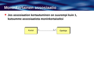 Moninkertainen assosiaatio
 Jos assosiaation kertautuminen on suurempi kuin 1,
  kutsumme assosiaatiota moninkertaiseksi



                 Kurssi   *       1..*   Opettaja
 