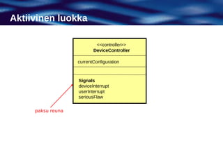 Aktiivinen luokka

                           <<controller>>
                          DeviceController

                   currentConfiguration



                   Signals
                   deviceInterrupt
                   userInterrupt
                   seriousFlaw


     paksu reuna
 