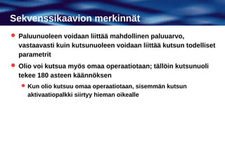 Sekvenssikaavion merkinnät
 Paluunuoleen voidaan liittää mahdollinen paluuarvo,
  vastaavasti kuin kutsunuoleen voidaan liittää kutsun todelliset
  parametrit
 Olio voi kutsua myös omaa operaatiotaan; tällöin kutsunuoli
  tekee 180 asteen käännöksen
    Kun olio kutsuu omaa operaatiotaan, sisemmän kutsun
     aktivaatiopalkki siirtyy hieman oikealle
 