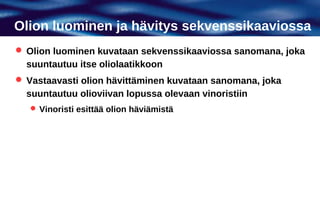 Olion luominen ja hävitys sekvenssikaaviossa
 Olion luominen kuvataan sekvenssikaaviossa sanomana, joka
  suuntautuu itse oliolaatikkoon
 Vastaavasti olion hävittäminen kuvataan sanomana, joka
  suuntautuu olioviivan lopussa olevaan vinoristiin
    Vinoristi esittää olion häviämistä
 