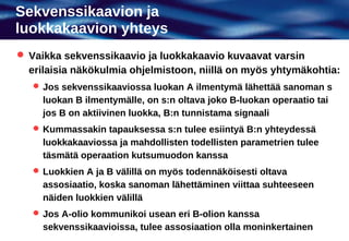 Sekvenssikaavion ja
luokkakaavion yhteys
 Vaikka sekvenssikaavio ja luokkakaavio kuvaavat varsin
  erilaisia näkökulmia ohjelmistoon, niillä on myös yhtymäkohtia:
    Jos sekvenssikaaviossa luokan A ilmentymä lähettää sanoman s
     luokan B ilmentymälle, on s:n oltava joko B-luokan operaatio tai
     jos B on aktiivinen luokka, B:n tunnistama signaali
    Kummassakin tapauksessa s:n tulee esiintyä B:n yhteydessä
     luokkakaaviossa ja mahdollisten todellisten parametrien tulee
     täsmätä operaation kutsumuodon kanssa
    Luokkien A ja B välillä on myös todennäköisesti oltava
     assosiaatio, koska sanoman lähettäminen viittaa suhteeseen
     näiden luokkien välillä
    Jos A-olio kommunikoi usean eri B-olion kanssa
     sekvenssikaavioissa, tulee assosiaation olla moninkertainen
 