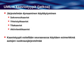 UML:n kaaviotyypit (jatkoa)
 Järjestelmän dynaaminen käyttäytyminen
    Sekvenssikaaviot
    Yhteistyökaaviot
    Tilakaaviot
    Aktiviteettikaaviot



 Kaaviotyypit esitellään seuraavassa käyttäen esimerkkinä
  autojen vuokrausjärjestelmää
 