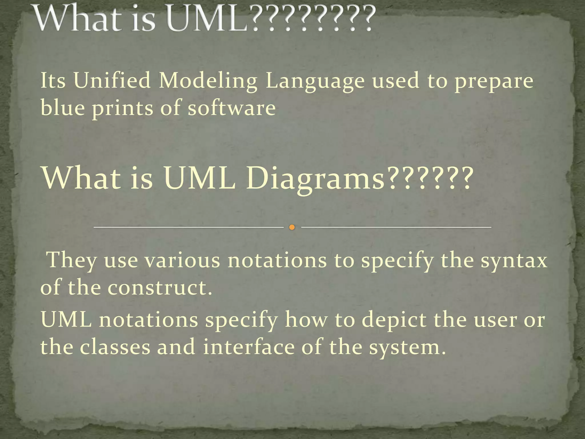 Its Unified Modeling Language used to prepare
blue prints of software


What is UML Diagrams??????

 They use various notations to specify the syntax
of the construct.
UML notations specify how to depict the user or
the classes and interface of the system.
 