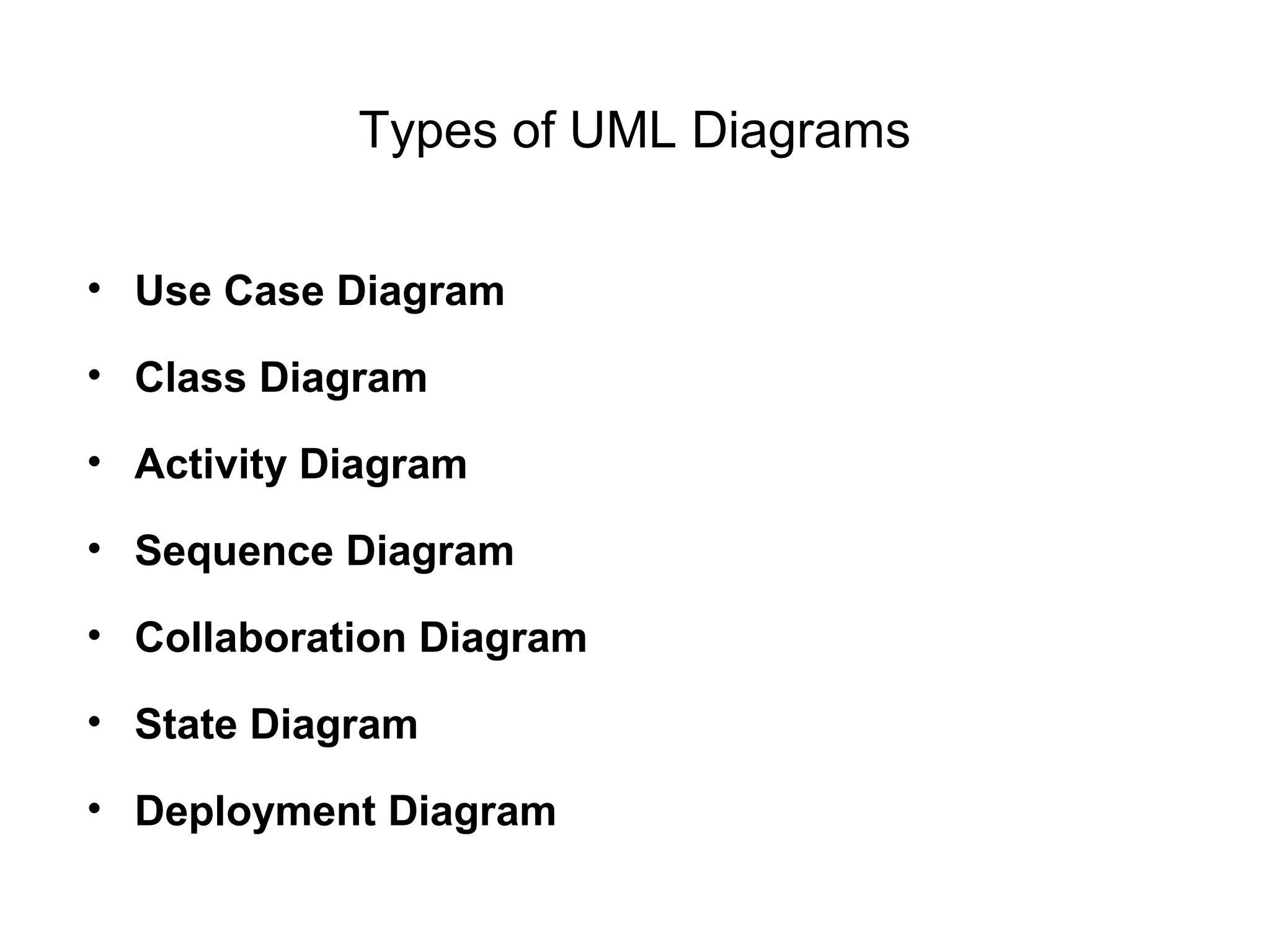Types of UML Diagrams
• Use Case Diagram
• Class Diagram
• Activity Diagram
• Sequence Diagram
• Collaboration Diagram
• State Diagram
• Deployment Diagram
 