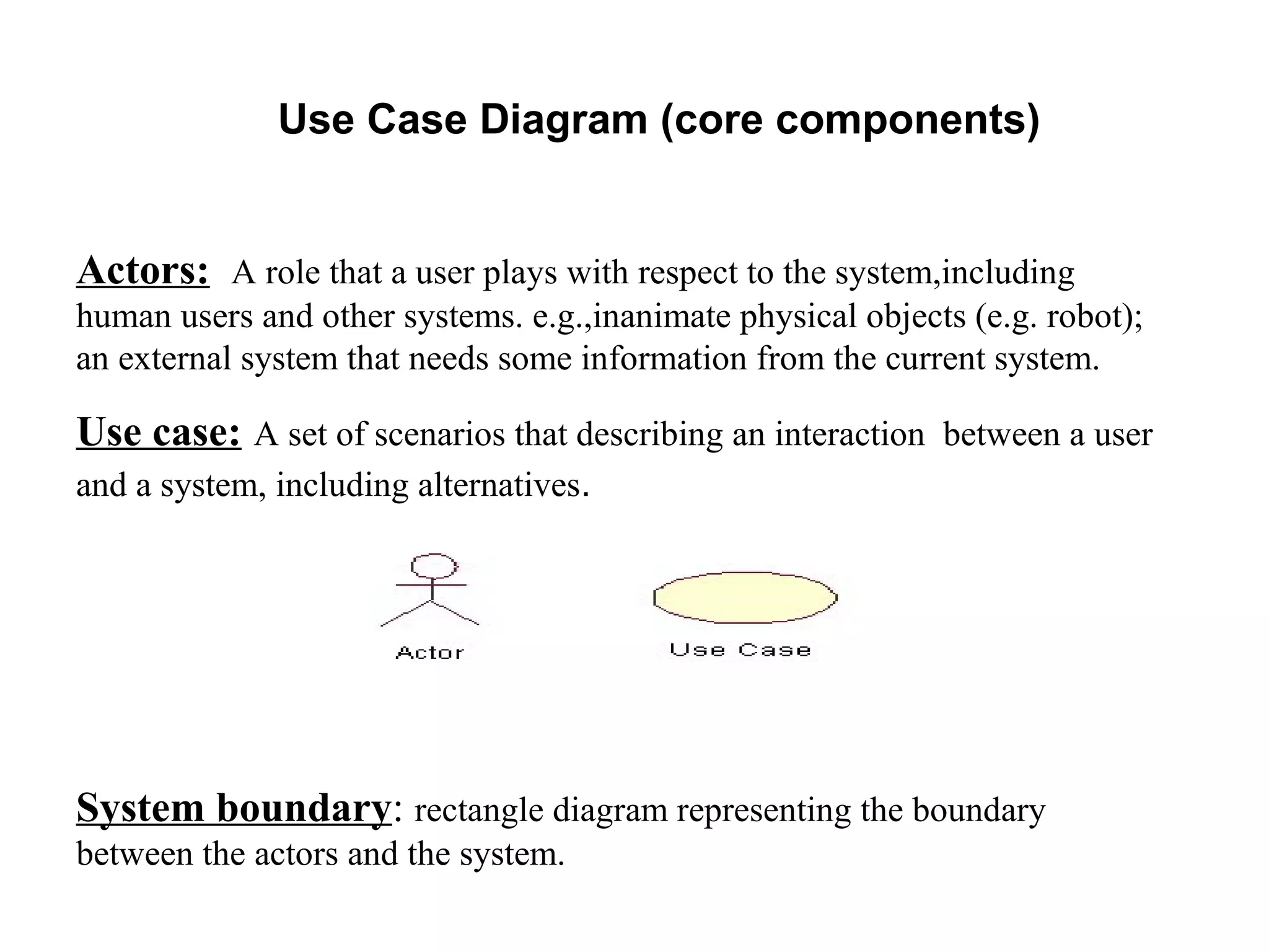 Use Case Diagram (core components)
Actors: A role that a user plays with respect to the system,including
human users and other systems. e.g.,inanimate physical objects (e.g. robot);
an external system that needs some information from the current system.
Use case: A set of scenarios that describing an interaction between a user
and a system, including alternatives.
System boundary: rectangle diagram representing the boundary
between the actors and the system.
 