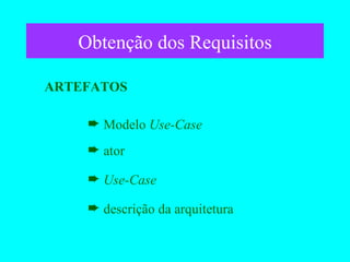 Obtenção dos Requisitos ARTEFATOS Modelo  Use-Case   ator  Use-Case   descrição da arquitetura  