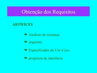 Obtenção dos Requisitos ARTÍFICES Analista de sistemas arquiteto  Especificador de  Use-Case   projetista de interfaces  