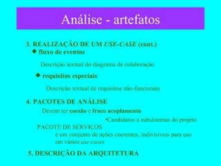 Análise - artefatos 3. REALIZAÇÃO DE UM  USE-CASE  (cont.) requisitos especiais fluxo de eventos Descrição textual de requisitos não-funcionais Descrição textual do diagrama de colaboração 4. PACOTES DE ANÁLISE PACOTE DE SERVIÇOS Devem ter  coesão  e  fraco acoplamento Candidatos a subsistemas do projeto é um conjunto de ações coerentes, indivisíveis para uso em vários  use-cases 5. DESCRIÇÃO DA ARQUITETURA 