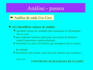 Análise - passos Análise de cada  Use-Case   A1) Identificar classes de análise  encontrar classes de entidades para armazenar as informações    do  use-case para cada ator humano, determinar uma classe de fronteira    central (representa a janela principal) determinar as classe de fronteira que interagem com as classes    de entidade determinar, pelo menos, uma classe de controle que coordena o    use-case CONSTRUIR UM DIAGRAMA DE CLASSES 