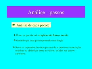 Análise - passos Análise de cada pacote  Rever as dependências entre pacotes de acordo com associações   estáticas ou dinâmicas entre as classes, criadas nos passos    anteriores Garantir que cada pacote preenche sua função Rever as questões de  acoplamento fraco  e  coesão 