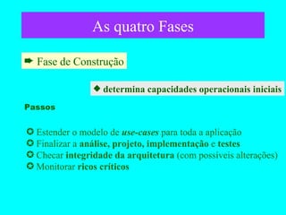 As quatro Fases Fase de Construção determina capacidades operacionais iniciais Estender o modelo de  use-cases   para toda a aplicação Finalizar a  análise, projeto, implementação  e  testes Checar  integridade da arquitetura  (com possíveis alterações) Monitorar  ricos críticos Passos 