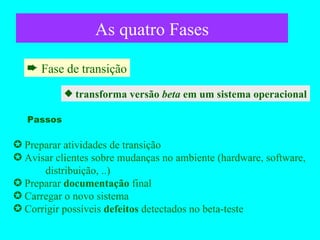 As quatro Fases Fase de transição transforma versão  beta  em um sistema operacional Preparar atividades de transição Avisar clientes sobre mudanças no ambiente (hardware, software, distribuição, ..) Preparar  documentação  final Carregar o novo sistema Corrigir possíveis  defeitos  detectados no beta-teste Passos 