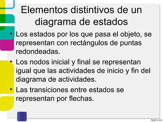 Elementos distintivos de un
diagrama de estados
• Los estados por los que pasa el objeto, se
representan con rectángulos de puntas
redondeadas.
• Los nodos inicial y final se representan
igual que las actividades de inicio y fin del
diagrama de actividades.
• Las transiciones entre estados se
representan por flechas.
 