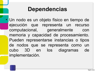 Dependencias
• Un nodo es un objeto físico en tiempo de
ejecución que representa un recurso
computacional, generalmente con
memoria y capacidad de procesamiento.
Pueden representarse instancias o tipos
de nodos que se representa como un
cubo 3D en los diagramas de
implementación.
 