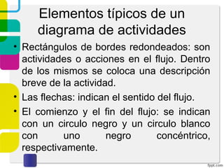 Elementos típicos de un
diagrama de actividades
• Rectángulos de bordes redondeados: son
actividades o acciones en el flujo. Dentro
de los mismos se coloca una descripción
breve de la actividad.
• Las flechas: indican el sentido del flujo.
• El comienzo y el fin del flujo: se indican
con un circulo negro y un circulo blanco
con uno negro concéntrico,
respectivamente.
 