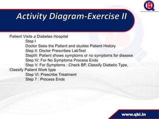 Patient Visits a Diabetes Hospital
         Step I
         Doctor Sees the Patient and studies Patient History
         Step II: Doctor Prescribes LabTest
         StepIII: Patient shows symptoms or no symptoms for disease
         Step IV: For No Symptoms Process Ends
         Step V: For Symptoms : Check BP, Classify Diabetic Type,
Classify Patient Work type
         Step VI: Prescribe Treatment
         Step 7 : Process Ends




                                                            www.qbi.in
 