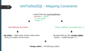 UmlTo[No]SQL - Mapping Constraints
context Client inv maxUnpaidOrders:
self.orders->select(
o | not o.paid)
->size()< 3
20...